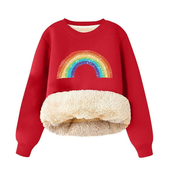 CHEEREAM Girls Fleece Lined Crewneck Sweatshirt Kids Rainbow Print Warm Pullover Sweater Sherpa Hoodie Fall Winter Clothes 2-12 Years