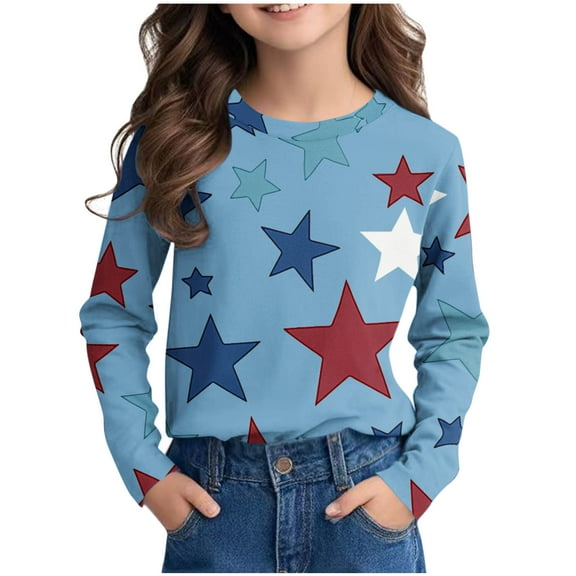 CHEEREAM Girls Gradient Star Graphic Shirts Kids Cute Crewneck Pullover Tops 2025 Novelty Preppy Blouse Casual Long Sleeve Top