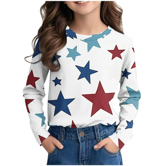 CHEEREAM Girls Gradient Star Graphic Shirts Kids Cute Crewneck Pullover Tops 2025 Novelty Preppy Blouse Casual Long Sleeve Top