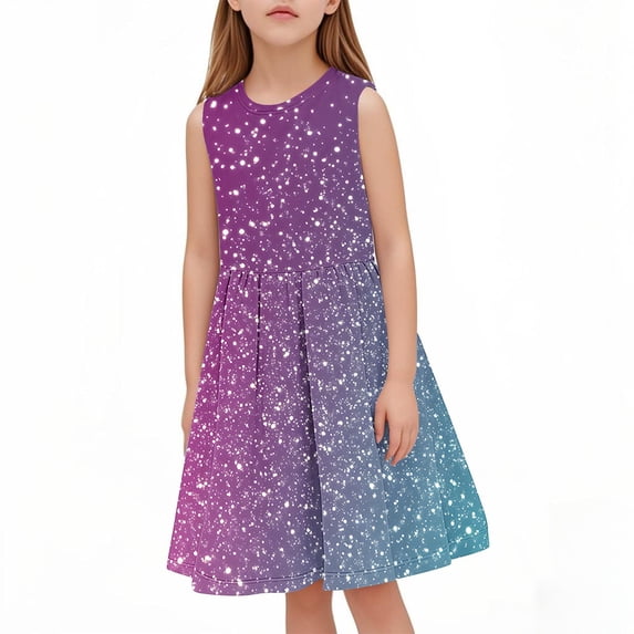 CHEEREAM Girls Kids Summer Sleeveless Sundress Birthday Outfit Sequin Print Twirly Party Clothes 4-13 Years