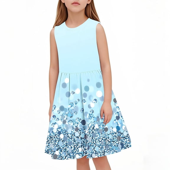 CHEEREAM Girls Kids Summer Sleeveless Sundress Birthday Outfit Sequin Print Twirly Party Clothes 4-13 Years