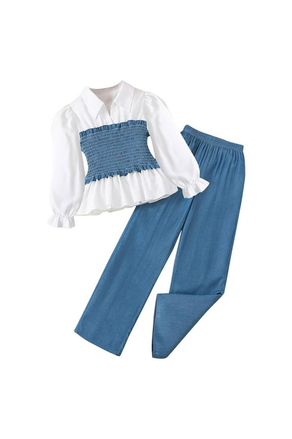 Girls Latern Long Sleeve T Shirts Causal Peter Pan Collar Tunic Blouse and High Waisted Flared Pants Fall Outfits Set