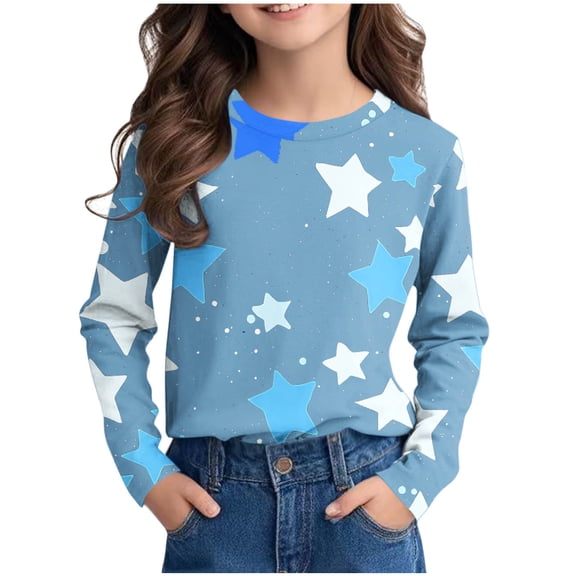 CHEEREAM Girls Long Sleeve T Shirts Kids Fall Tops Star Print Crewneck Basic Tees 3-14Years