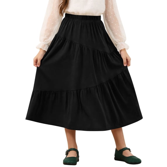 CHEEREAM Girls Midi Skirt Holiday Casual Asymmetrical Tiered Ruffle Hem ...
