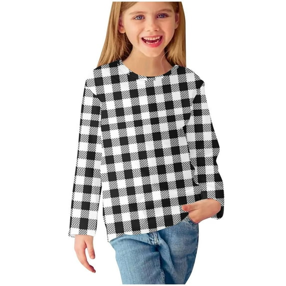 CHEEREAM Girls Plaid Long Sleeve Shirts Kids Casual Cute Casual Round Neck T Shirts Tops for 3-14 Years