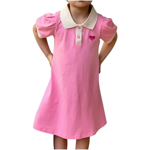 CHEEREAM Girls Polo Dress Puff Short Sleeve Heart Print School Uniform Summer Casual A-Line Dresses for 12Months-8Years Pink 2 Years