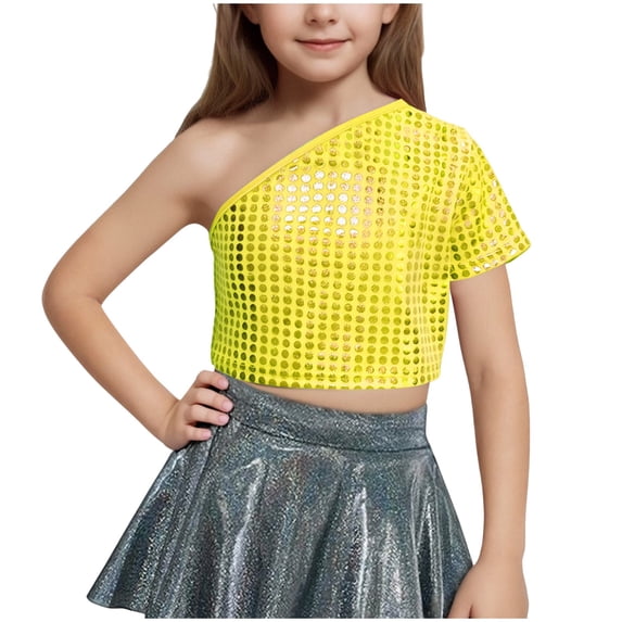 CHEEREAM Girls Sparkly Metallic One Shoulder Short Sleeve Dance Crop Tops Hip Hop Street T-Shirt Performance Dancewear