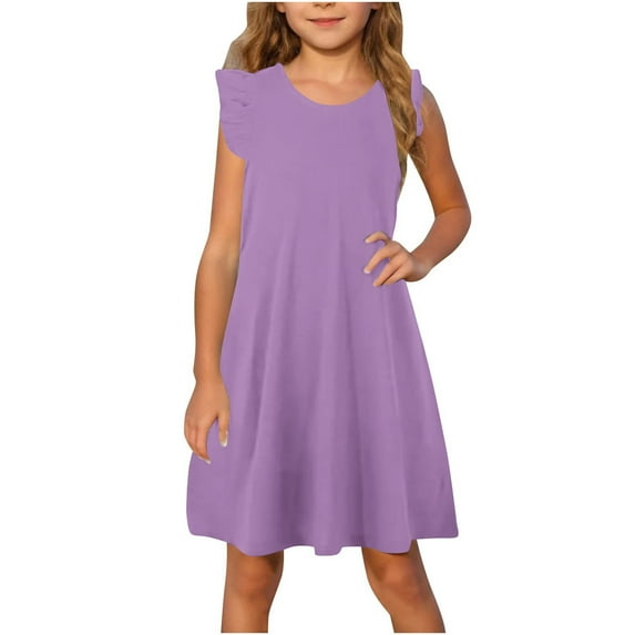 CHEEREAM Girls Summer Dress Flutter Sleeveless A-Line Sundress Casual Elegant Midi Dresses for 4-14 Years Purple 4 Years
