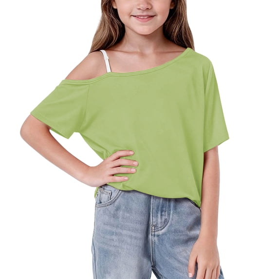 CHEEREAM Girls Summer Dressy Tops One Shoulder Short Sleeve T Shirts For Kids Casual Cute Daily Wear Blouse Loose Fit