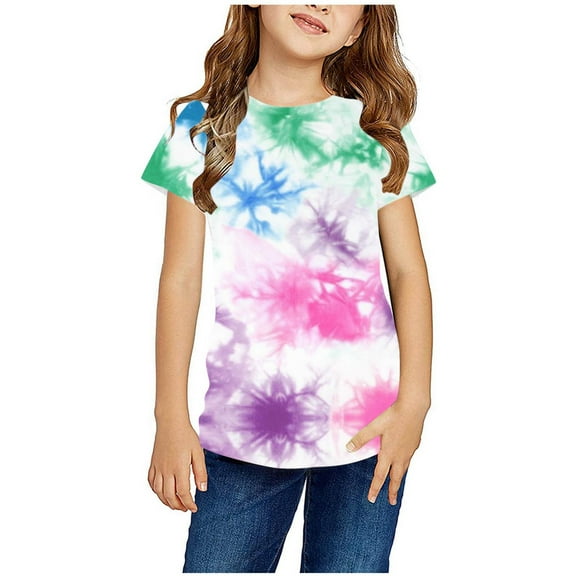 CHEEREAM Girls Summer Tie Dye Short Sleeve T-Shirts Fashion Round Neck Tops Casual Blouse for 3-14Years
