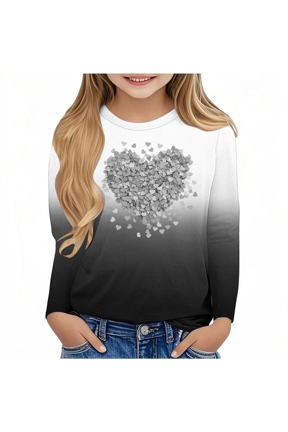 Girls Valentines Day Shirt Cute Long Sleeve Heart Graphic Tees Tops Loose Soft Teens Valentines Clothes 3-14 Years