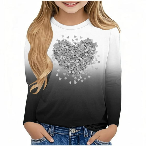 CHEEREAM Girls Valentines Day Shirt Cute Long Sleeve Heart Graphic Tees Tops Loose Soft Teens Valentines Clothes 3-14 Years
