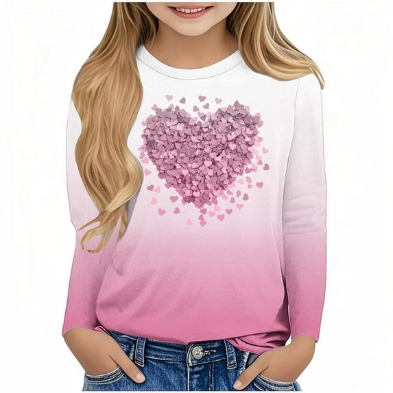 CHEEREAM Girls Valentines Day Shirt Cute Long Sleeve Heart Graphic Tees Tops Loose Soft Teens Valentines Clothes 3-14 Years