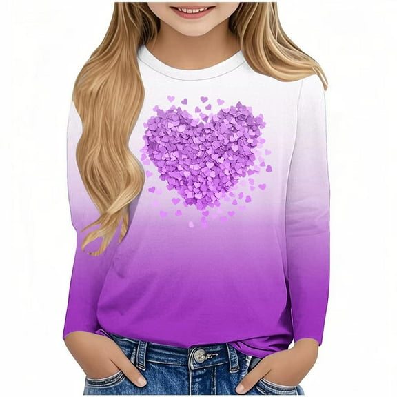CHEEREAM Girls Valentines Day Shirt Cute Long Sleeve Heart Graphic Tees Tops Loose Soft Teens Valentines Clothes 3-14 Years