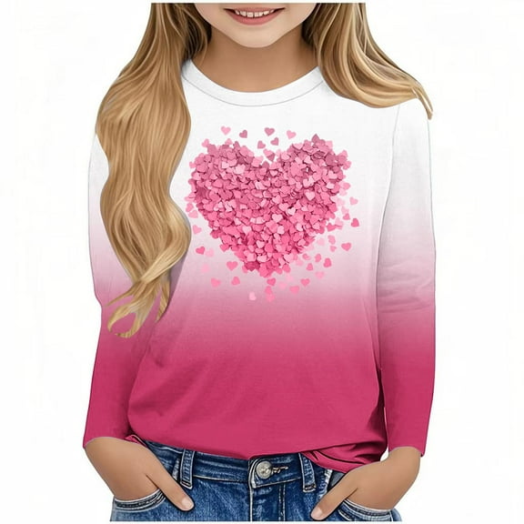 CHEEREAM Girls Valentines Day Shirt Cute Long Sleeve Heart Graphic Tees Tops Loose Soft Teens Valentines Clothes 3-14 Years