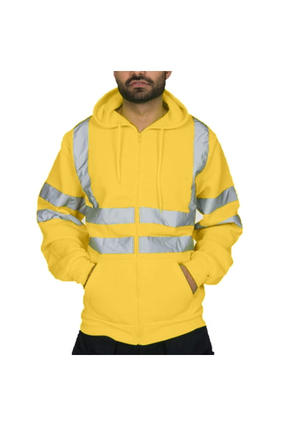 High Visibility Safety Sweatshirt for Men Class 3 Reflective Strips Zipper Up Hooded Jacket Work Utility Hi-Vis Hoodies with Pockets Yellow 4XL