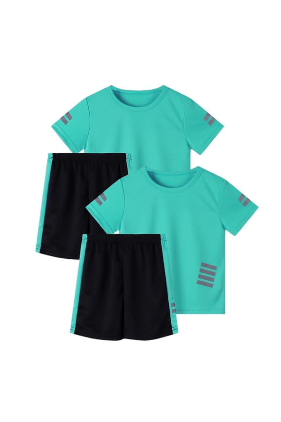 Kids 2 Pack Sets Reflective Strip Short Sleeve Shirt And Athletic Shorts Outfit Boys Breathable Mesh Quick Dry Running Sportwear 2-Piece Clothes