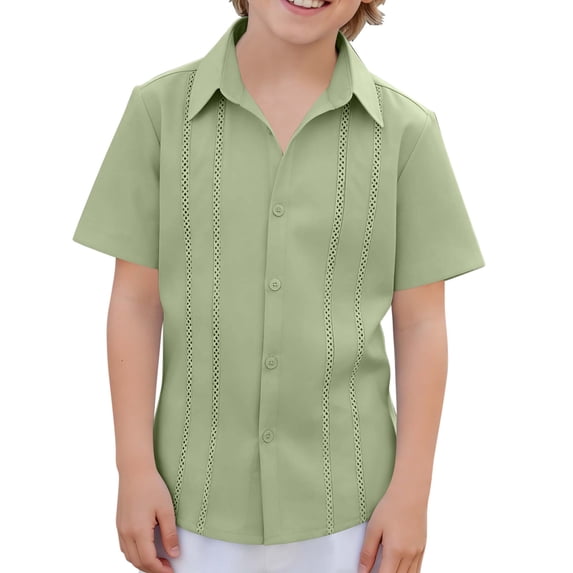 CHEEREAM Kids Button Down Shirts Collared Casual Summer Short Sleeve Dress T-Shirt Mesh Fashion Lace Patchwork Beach Tops For Boys