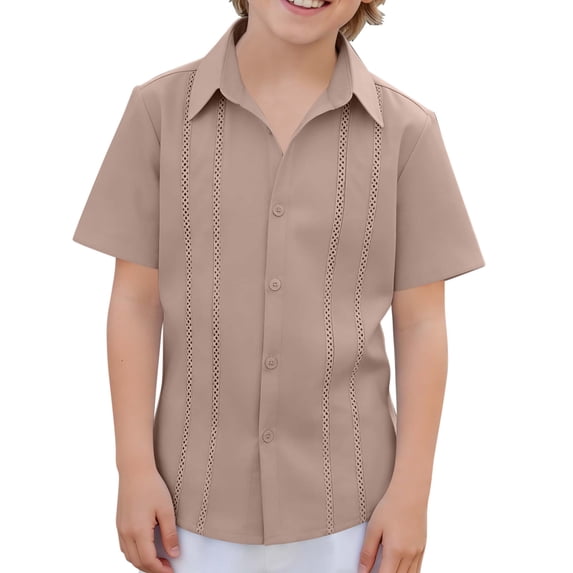CHEEREAM Kids Button Down Shirts Collared Casual Summer Short Sleeve Dress T-Shirt Mesh Fashion Lace Patchwork Beach Tops For Boys
