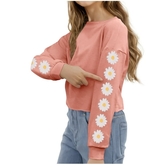 CHEEREAM Kids Crop Tops Girls Long Sleeve Tee Shirts Cute Daisy Printed Fashion Sweatshirt Pullover Top