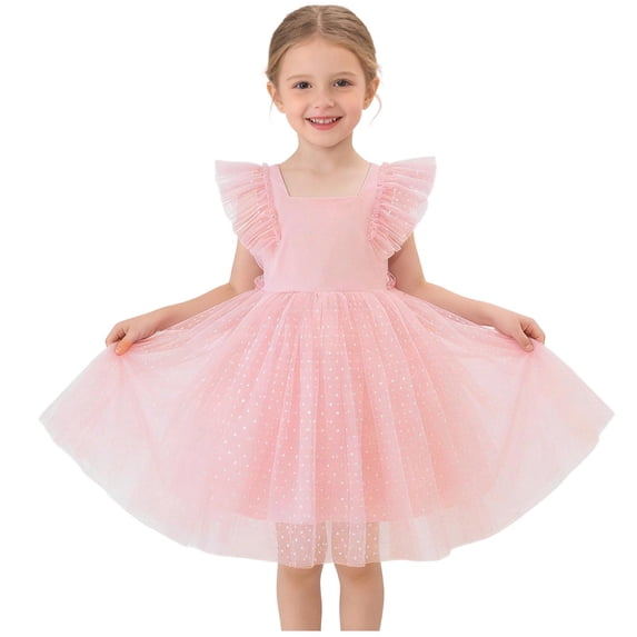 CHEEREAM Kids Cute Ruffle Polka Dots A-Line Square Neck Tulle Dresses Girls Elegant Summer Swing Birthday Party Dress