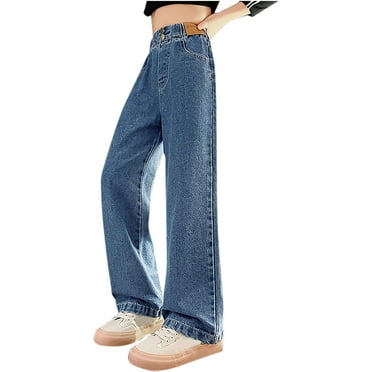 CHEEREAM Kids Girls Baggy Wide Leg Jeans Elastic High Waist Casual Loose Washed Denim Pants Age 8-14