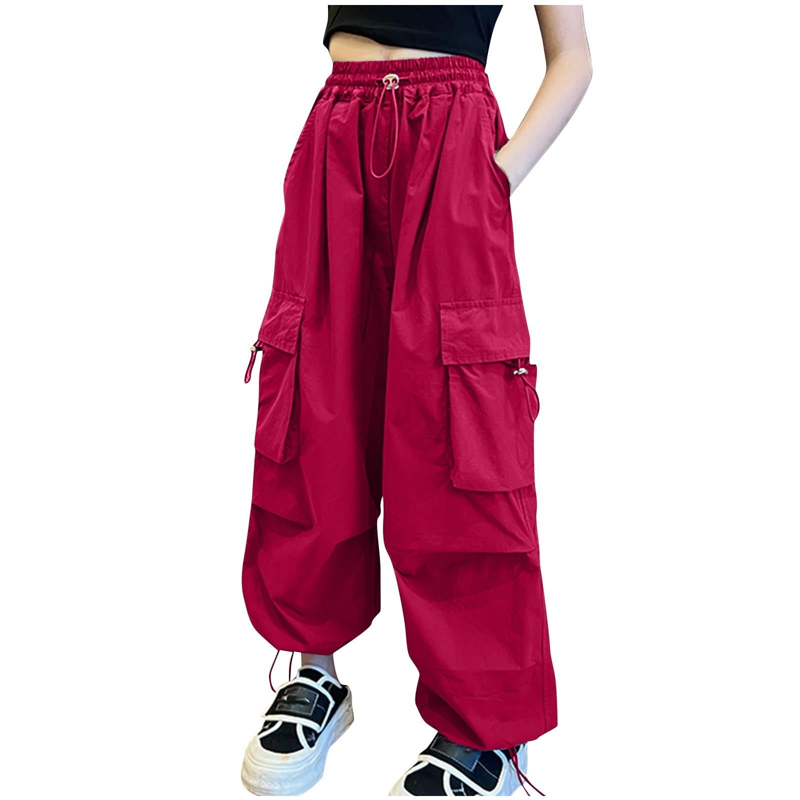 CHEEREAM Kids Girls Casual Cargo Pants High Waisted Drawstring