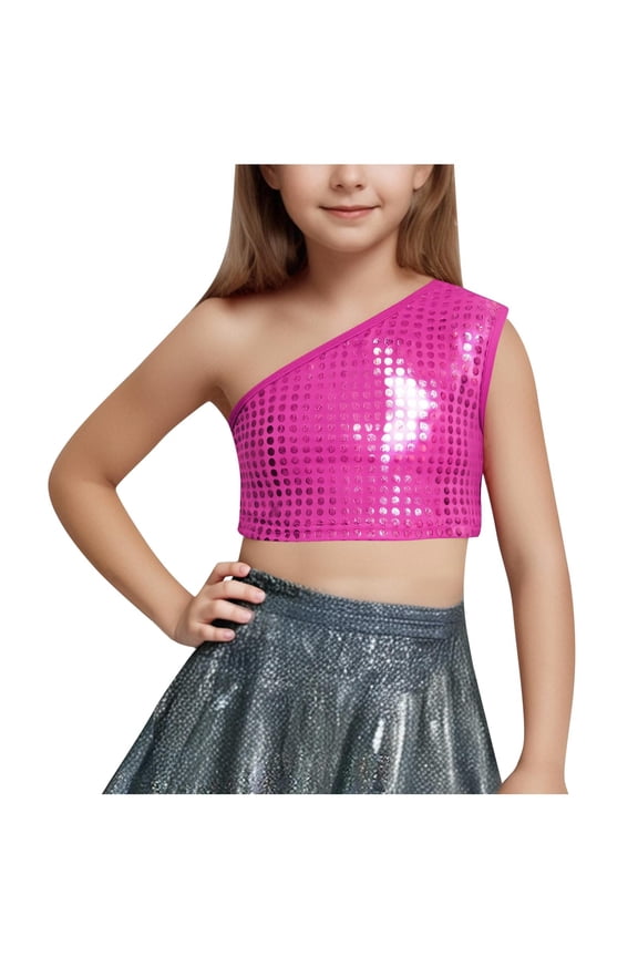 Kids Girls One-Shoulder Sequins Dance Crop Tops Jazz Hip Hop Stage Performance Tank Vest Dancewear