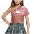 thumbnail image 1 of CHEEREAM Kids Girls One Shoulder Short Sleeve Dance Crop Top Shiny Sparkly Hip Hop Streetwear Cropped T-Shirts Dancewear 3-16T, 1 of 4