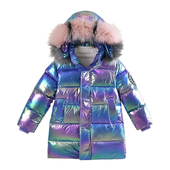 CHEEREAM Kids Girls Thermal Jacket Overcoat Metallic Hooded Stand Collar Detachable Fur Long Sleeve Warmth Outerwear
