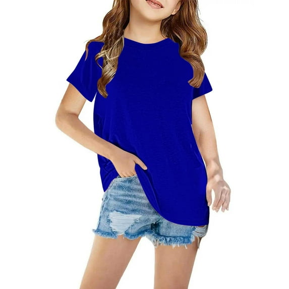CHEEREAM Litter Girl Crewneck T Shirt Short Sleeve Cotton Casual Summer Tops Solid Color Classic Basic Blouse for 3-14 Years