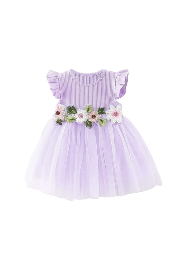 Little Flower Girl Tulle Tutu Dress Easter Cotton Ribbed Birthday Wedding Party Princess Dresses Purple 2 Years