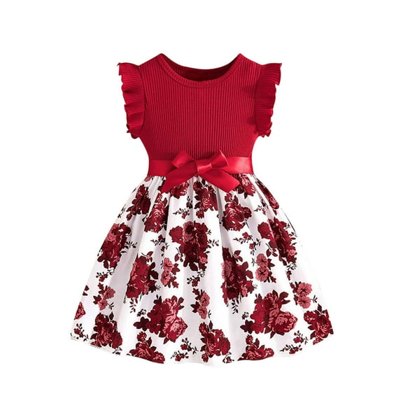CHEEREAM Little Girl's Floral Summer Mini Dress Ruffle Trim Flowy Dress Knot Front Crewneck Rib Knit Dresses Size 4-8 Years Wine 6 Years