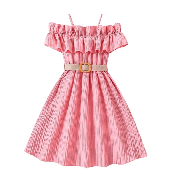 CHEEREAM Little Girls Cold Shoulder Ruffle Trim Short Sleeve Belted A Line Midi Dress for 6-13Years Pink 9Y