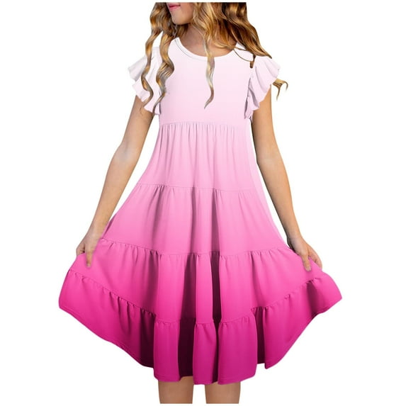 CHEEREAM Little Girls Ruffle Sleeve Summer Dresses Crew Neck Layered Flowy Midi Casual Dress with Pockets Size 6-15 Years Pink 14 Years