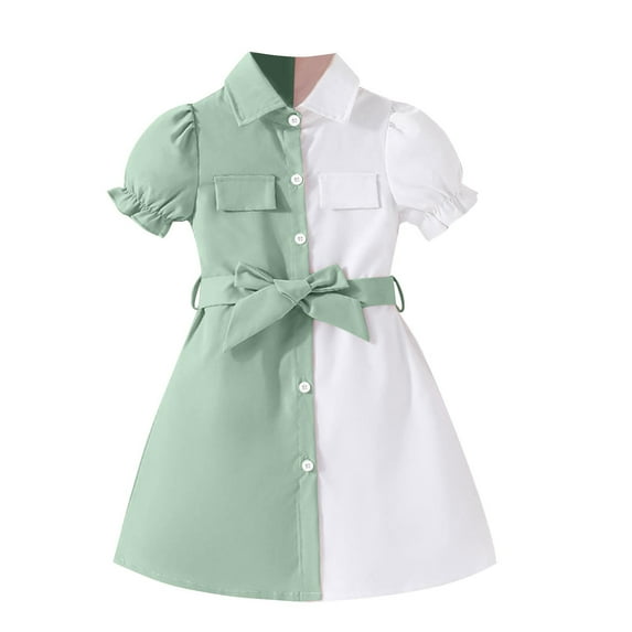 CHEEREAM Litttle Girl's Button Front Dress Puff Short Sleeve Color Block Collar Aline Dress with Belt 4-9 Years Green 6 Years