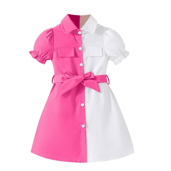 CHEEREAM Litttle Girl's Button Front Dress Puff Short Sleeve Color Block Collar Aline Dress with Belt 4-9 Years Hot Pink 4 Years
