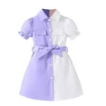 thumbnail image 1 of CHEEREAM Litttle Girl's Button Front Dress Puff Short Sleeve Color Block Collar Aline Dress with Belt 4-9 Years Purple 7 Years, 1 of 8