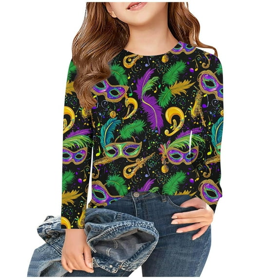 CHEEREAM Mardi Gras Shirts for Girls Boys Long Sleeve Mask Graphic Blouse Carnival Themed Tees Party Floral Print Tops Funny Gifts Tshirt for 3-14T