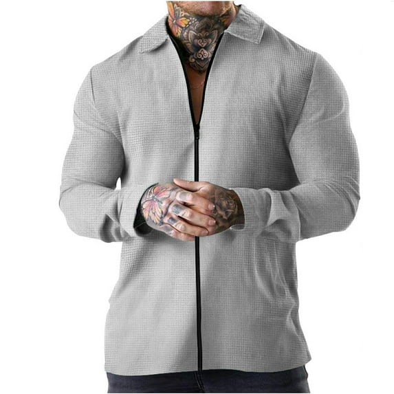 CHEEREAM Men Casual Cardigan Sweaters Laydown Collar Zipper Closure Solid Color Long Sleeve Waffle Jackets Gray L