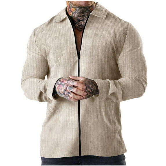 CHEEREAM Men Casual Cardigan Sweaters Laydown Collar Zipper Closure Solid Color Long Sleeve Waffle Jackets Khaki L