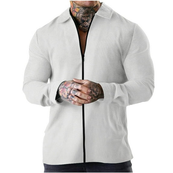 CHEEREAM Men Casual Cardigan Sweaters Laydown Collar Zipper Closure Solid Color Long Sleeve Waffle Jackets White L