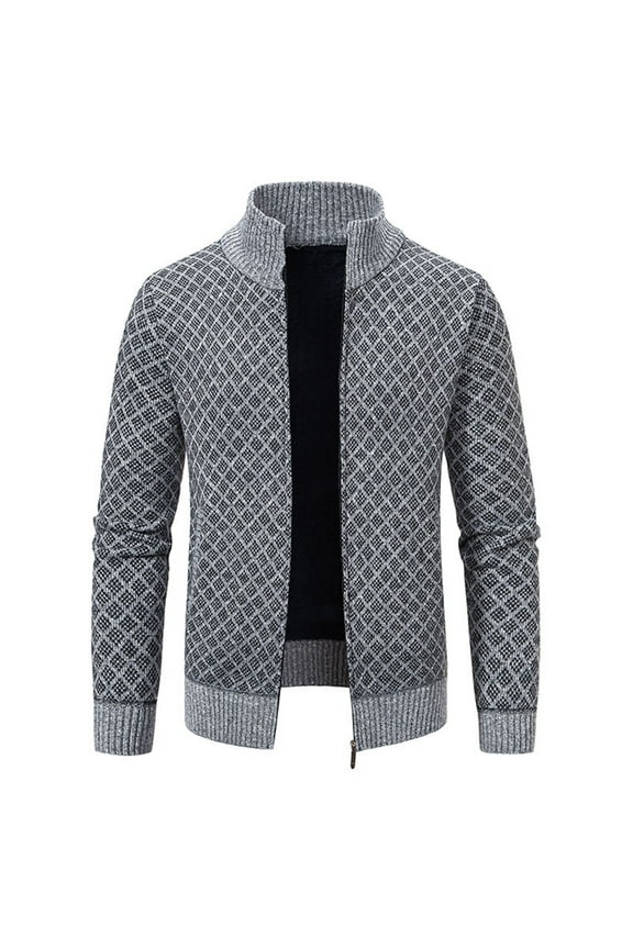 Men Full Zip Cardigan Sweaters Stylish Soft Lapel Collar Raglan Sleeve Casual Ribbed Sweater Coats Fashion Plaid Jacket Gray M