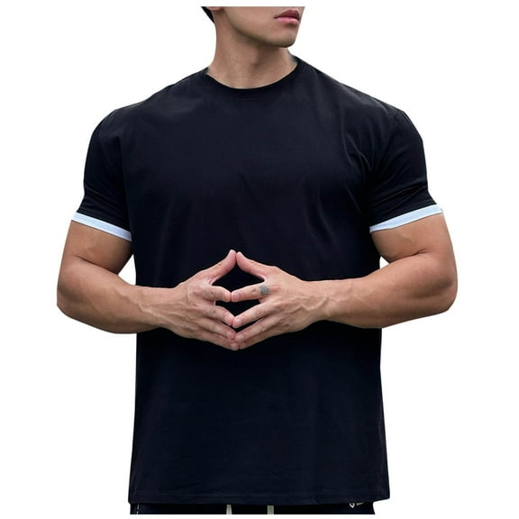 CHEEREAM Men's Athletic T-Shirt Short Sleeve Contrast Trim Top Casual Workout Sports Summer Shirts Black M