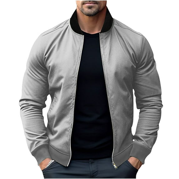 CHEEREAM Men's Bomber Jacket Slim Fit Lightweight Casual Spring Fall Windbreaker Zip up Coat with Pocket Solid Color Baseball Jackets Gray S