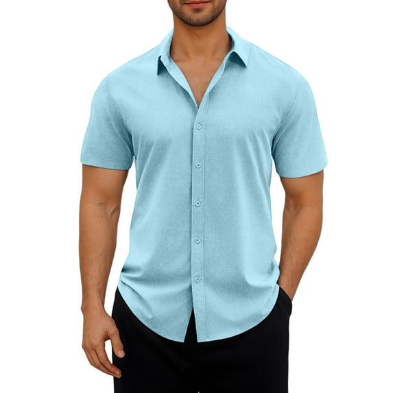 CHEEREAM Men's Button Down Shirts Short Sleeve Casual Summer Beach Shirts Vacation Wedding Shirts Sky Blue L