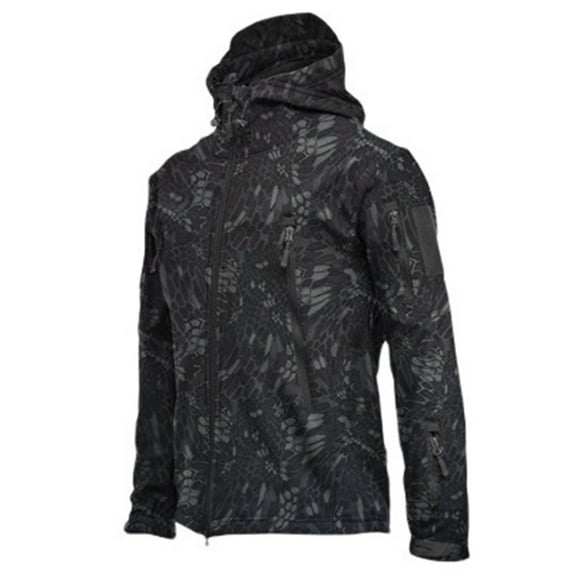 CHEEREAM Men's Camo Quiet Hunting Jacket Waterproof Softshell Fleece Lined Camouflage Outdoor Hiking Fishing Coat Black L