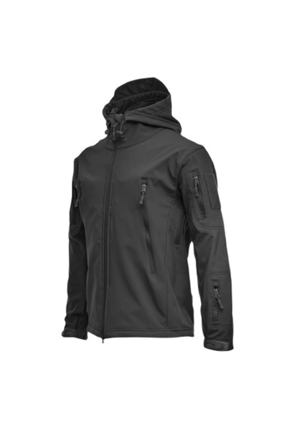Men's Camo Quiet Hunting Jacket Waterproof Softshell Fleece Lined Camouflage Outdoor Hiking Fishing Coat Black XL