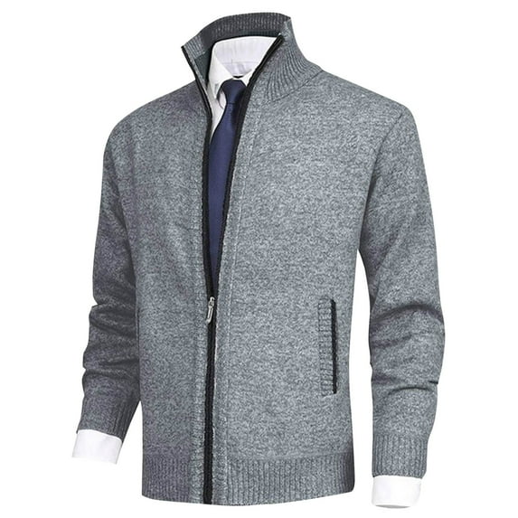 CHEEREAM Men's Cardigan Sweaters Full Zip Sweaters Stand Collar Casual Knitted Cardigan with Pockets Gray L