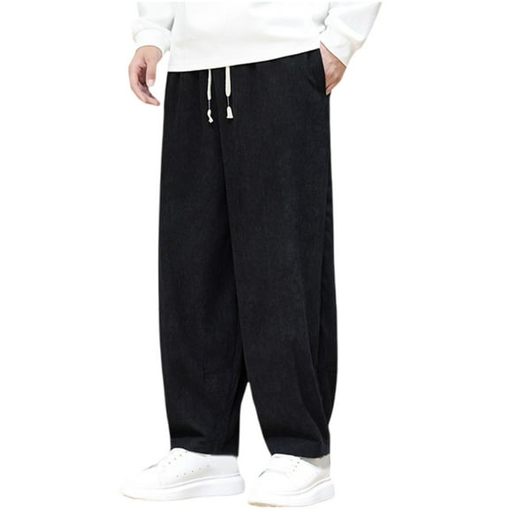 CHEEREAM Men's Casual Corduroy Pants Wide Leg Drawstring Elastic Waist Fashion Loose Fit Pants for Men Black 5XL